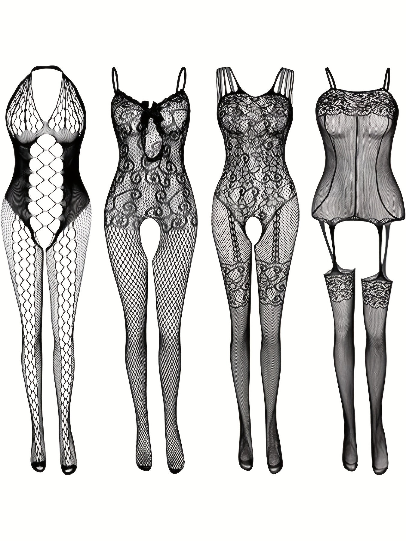 4-Pack Seductive Fishnet Bodystocking with Intricate Jacquard & Alluring Open Crotch - Womens Intimate Lingerie Set - Lena & Miles Exquisite Boutique LLC.
