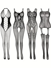 4-Pack Seductive Fishnet Bodystocking with Intricate Jacquard & Alluring Open Crotch - Womens Intimate Lingerie Set - Lena & Miles Exquisite Boutique LLC.