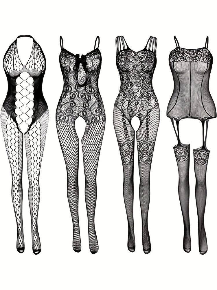 4-Pack Seductive Fishnet Bodystocking with Intricate Jacquard & Alluring Open Crotch - Womens Intimate Lingerie Set - Lena & Miles Exquisite Boutique LLC.