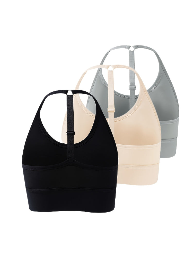 3pcs Seamless Halter Sports Bras, Comfy & Breathable Yoga Fitness Bra, Women&