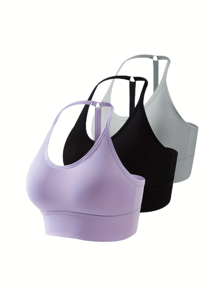 3pcs Seamless Halter Sports Bras, Comfy & Breathable Yoga Fitness Bra, Women&