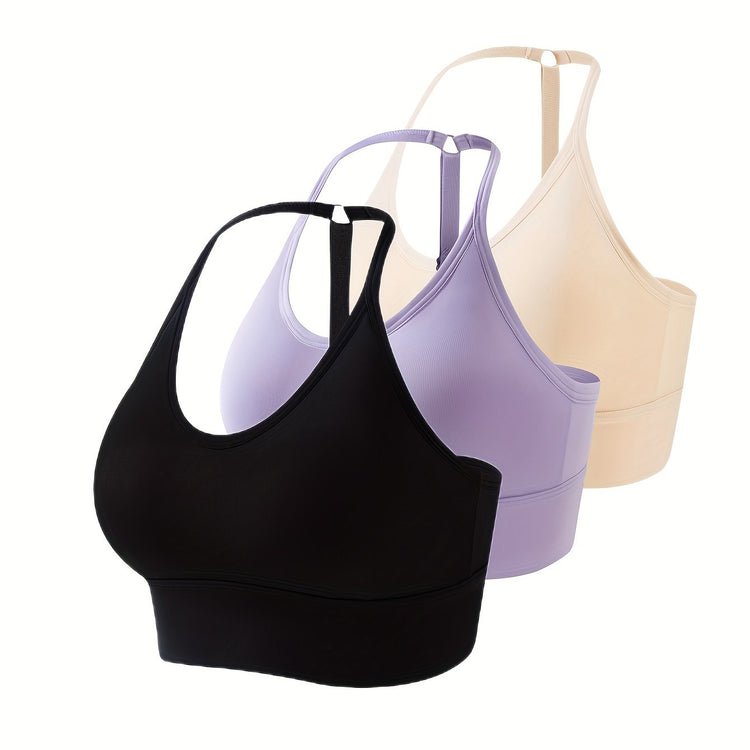 3pcs Seamless Halter Sports Bras, Comfy & Breathable Yoga Fitness Bra, Women&