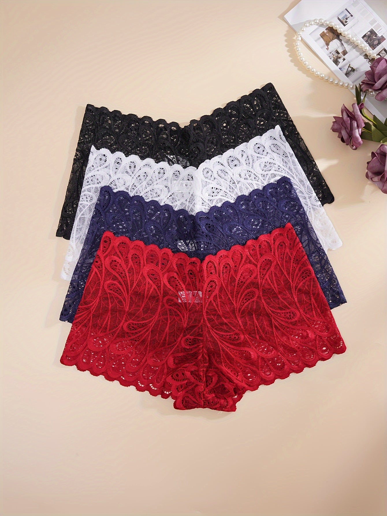 4pcs Romantic Floral Lace Boyshort Panties - Luxurious Soft & Comfortable Sheer Lingerie Set for Women - Seamless Stretchy Underwear for Everyday Feminine Elegance - Lena & Miles Exquisite Boutique LLC.