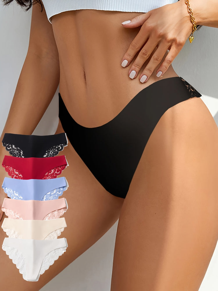6pcs Contrast Lace Briefs, Comfy & Seamless Scallop Trim Intimates Panties, Women&