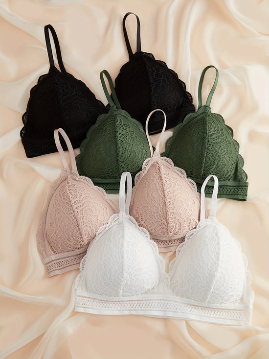 4pcs Contrast Lace Wireless Bras, Comfy & Elegant Scallop Trim Bra, Women&
