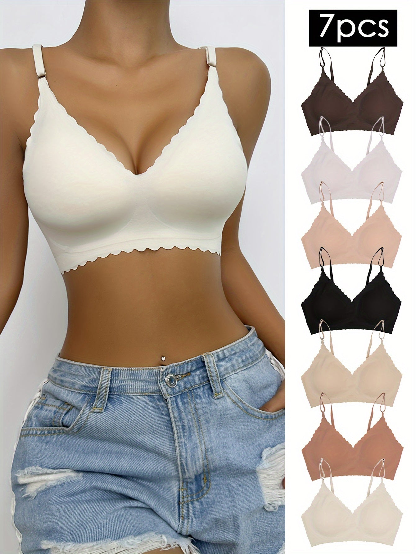 7pcs Solid Push Up Bra, Comfy Removable Padded Seamless Anti-sagging Everyday Bra, Women&