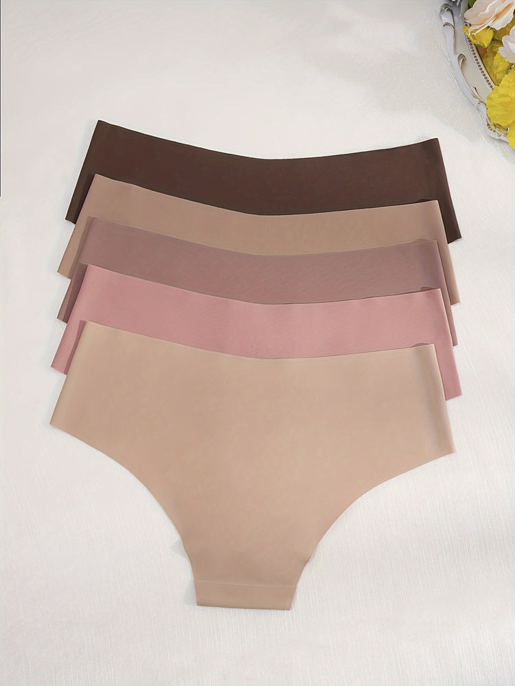 5pcs Simple Solid Hipster Panties, Comfy Seamless Low Waist Intimates Panties, Women&