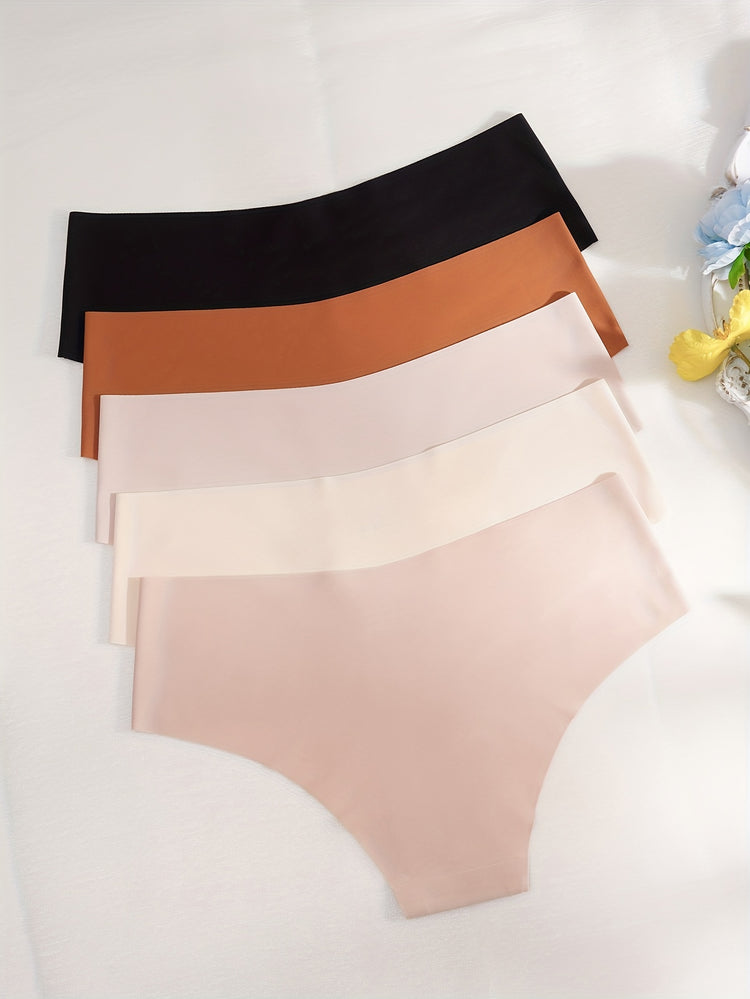 5pcs Simple Solid Hipster Panties, Comfy Seamless Low Waist Intimates Panties, Women&