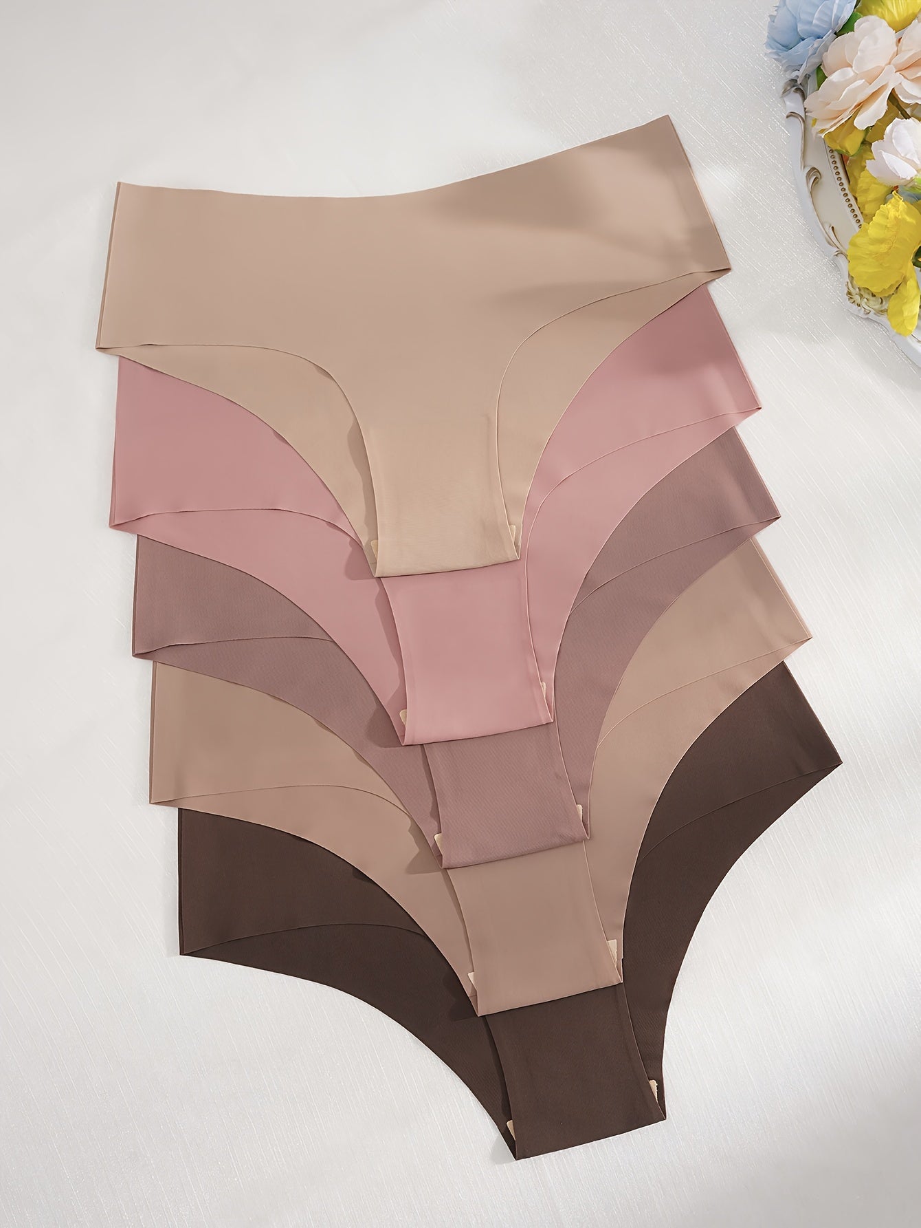 5pcs Simple Solid Hipster Panties, Comfy Seamless Low Waist Intimates Panties, Women&