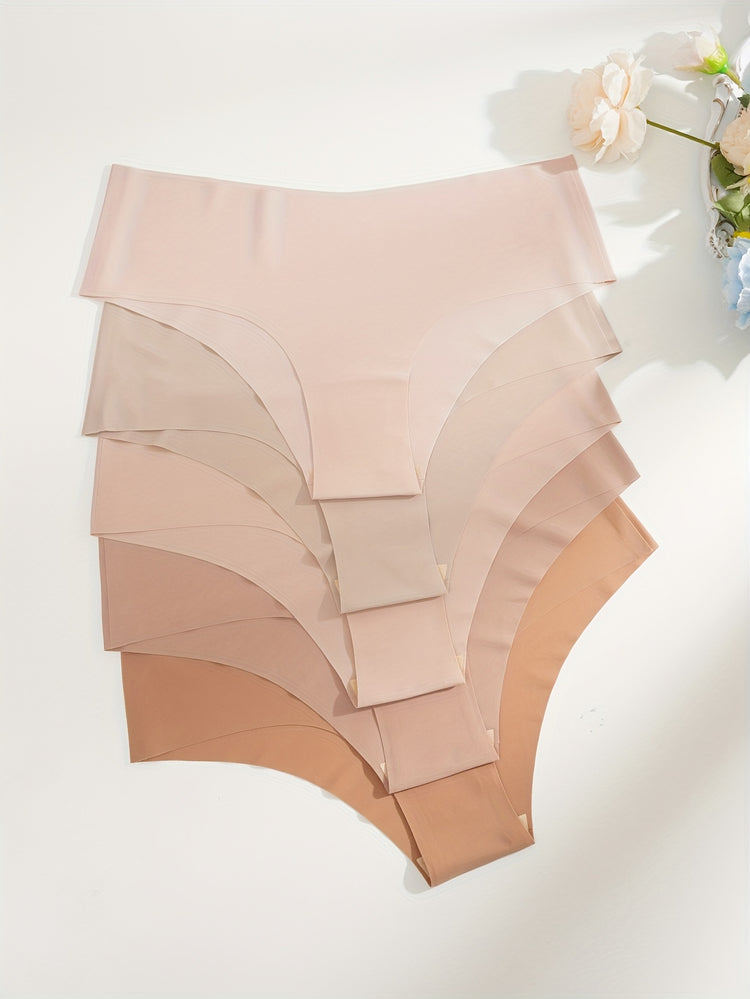5pcs Simple Solid Hipster Panties, Comfy Seamless Low Waist Intimates Panties, Women&