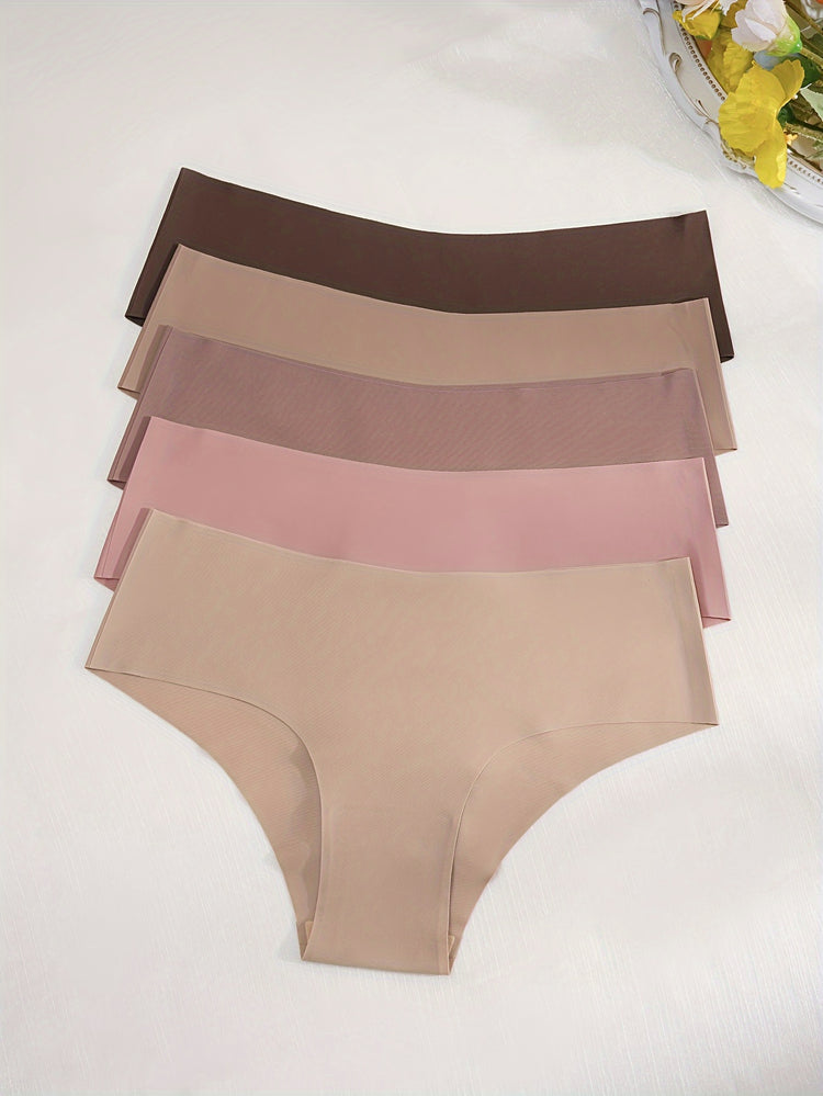 5pcs Simple Solid Hipster Panties, Comfy Seamless Low Waist Intimates Panties, Women&