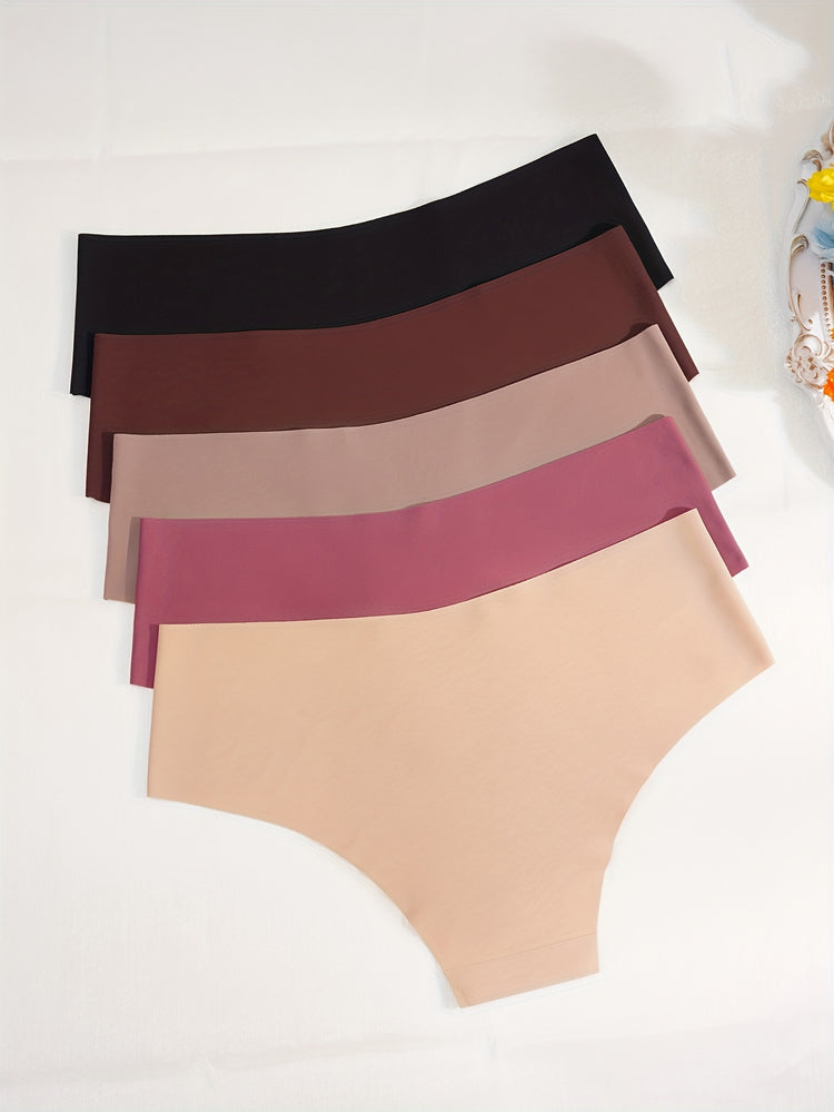 5pcs Simple Solid Hipster Panties, Comfy Seamless Low Waist Intimates Panties, Women&