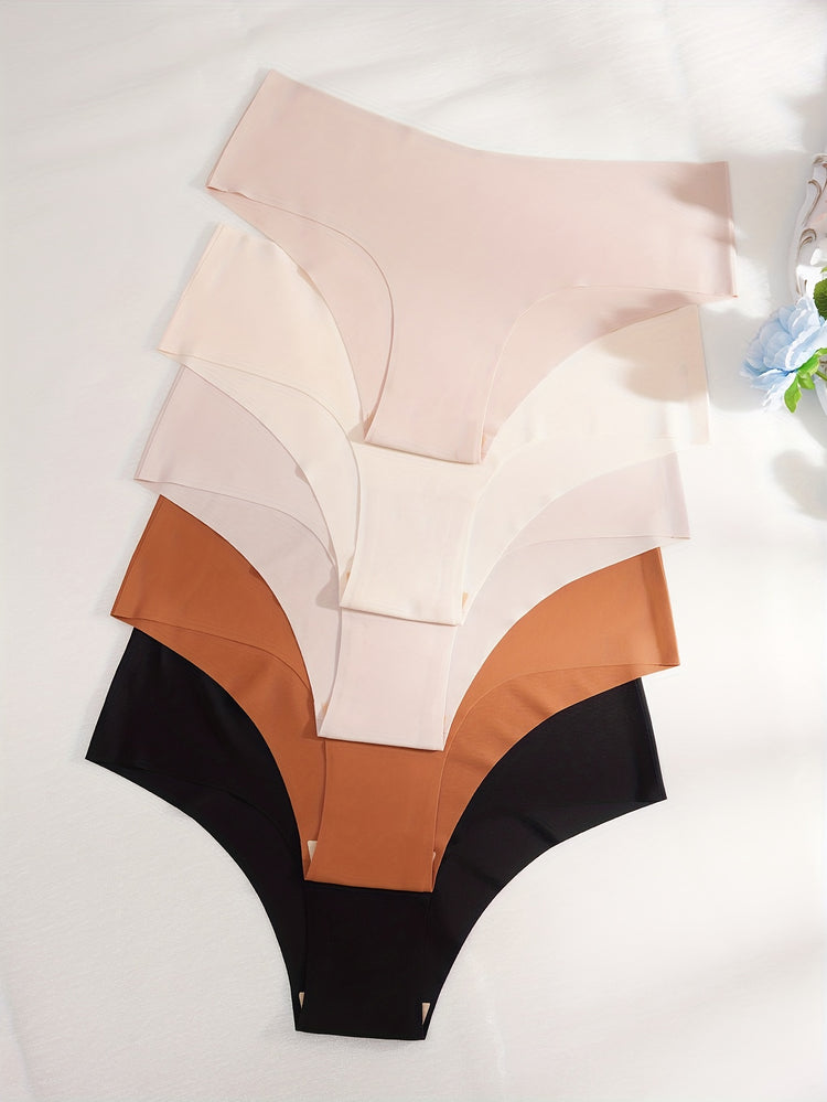 5pcs Simple Solid Hipster Panties, Comfy Seamless Low Waist Intimates Panties, Women&