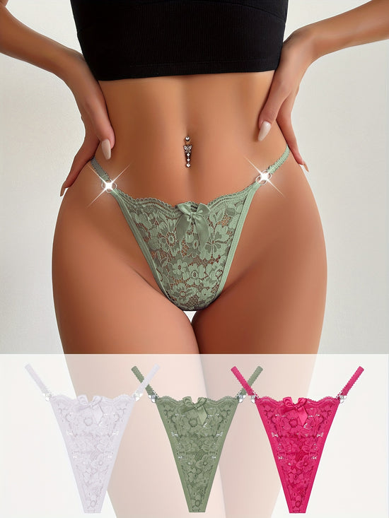 3pcs Floral Lace Bow Thongs, Semi-sheer Ring Linked Panties, Women&