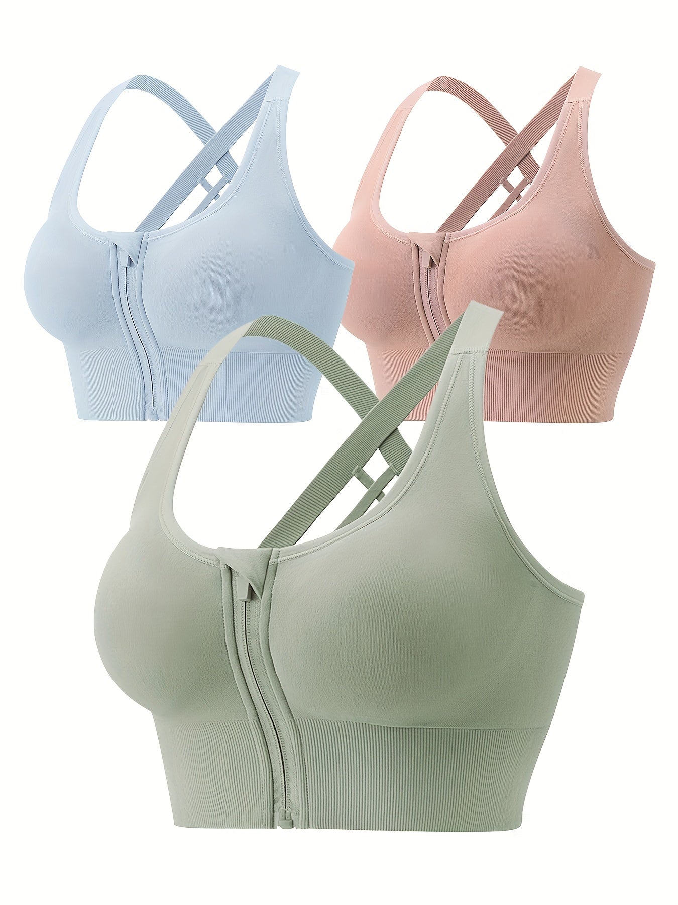 3pcs Zipper Sports Bras, Breathable High Impact Criss Cross Back Bra, Women&