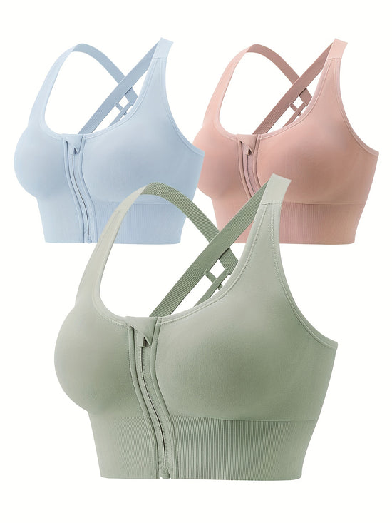 3pcs Zipper Sports Bras, Breathable High Impact Criss Cross Back Bra, Women&