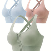 3pcs Zipper Sports Bras, Breathable High Impact Criss Cross Back Bra, Women&