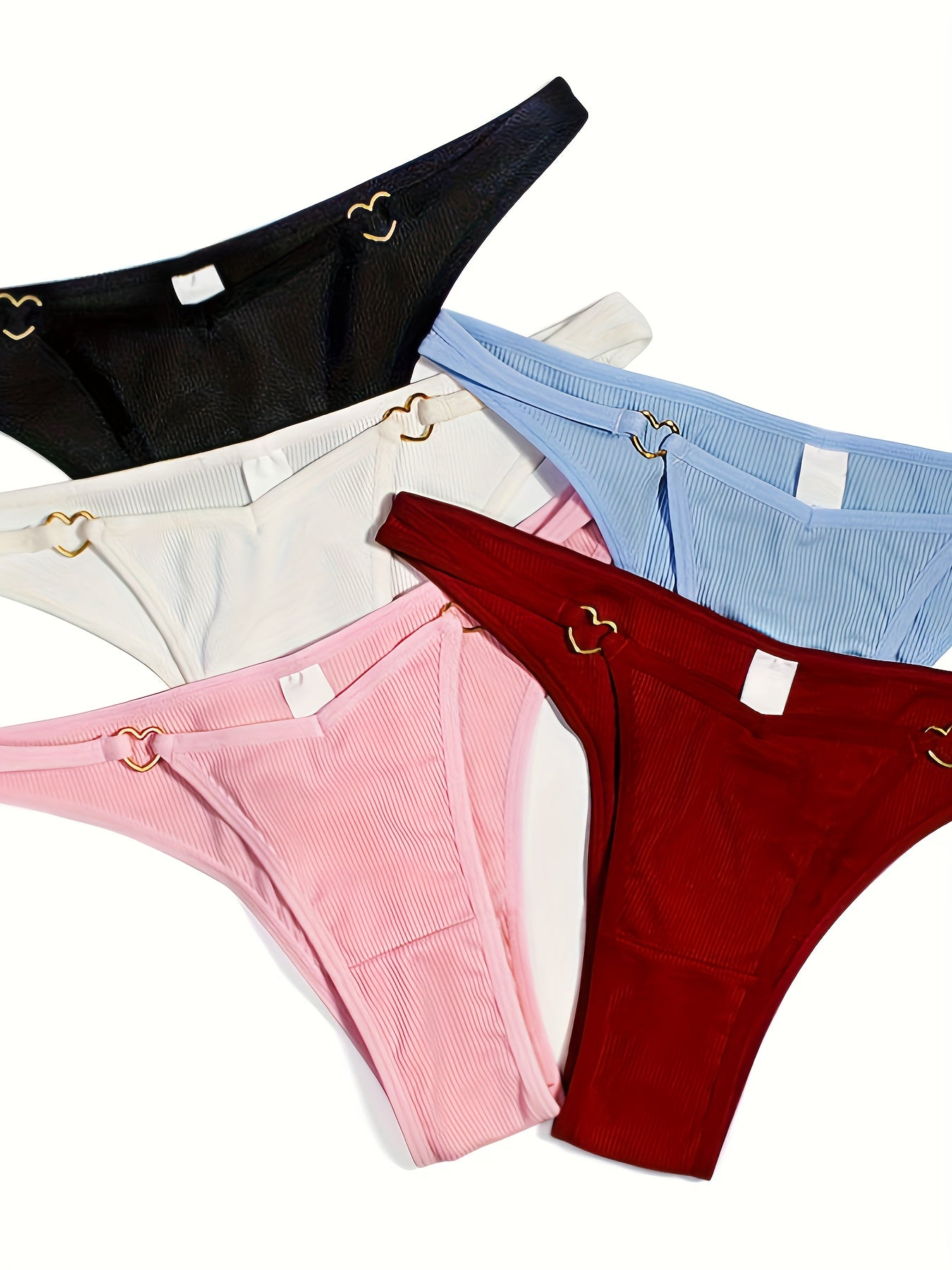 5pcs Solid Ribbed Panties, Soft & Comfy Heart Ring Linked Panties, Women&