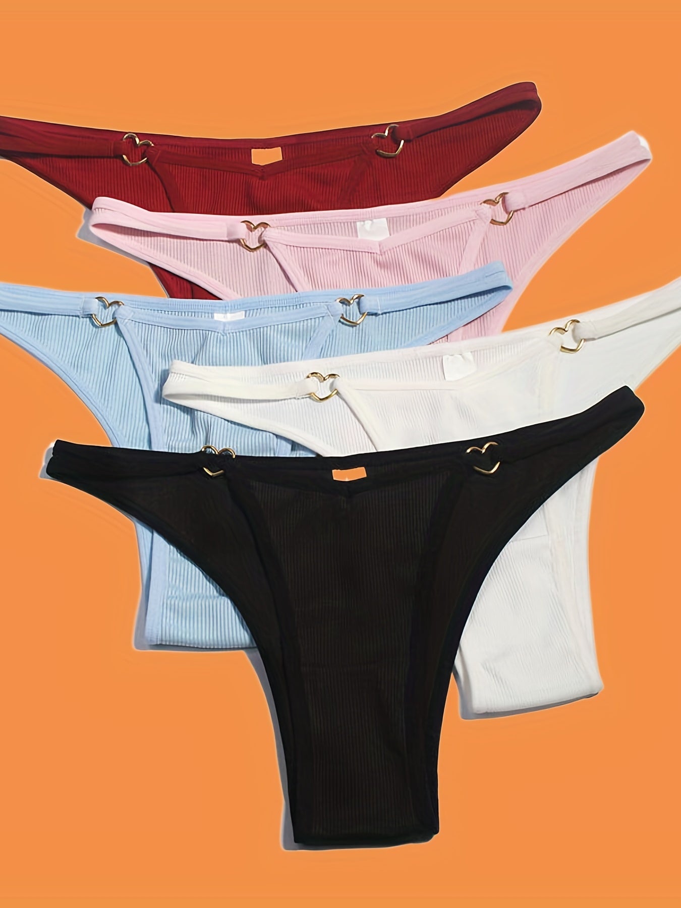 5pcs Solid Ribbed Panties, Soft & Comfy Heart Ring Linked Panties, Women&