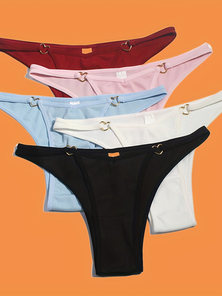 5pcs Solid Ribbed Panties, Soft & Comfy Heart Ring Linked Panties, Women&