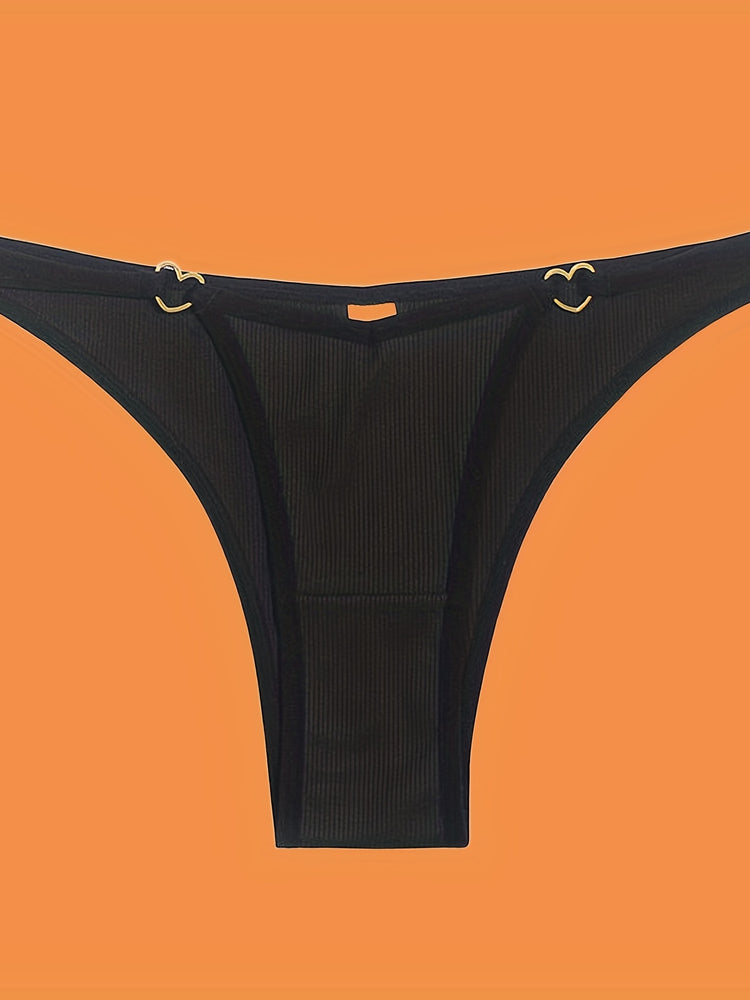 5pcs Solid Ribbed Panties, Soft & Comfy Heart Ring Linked Panties, Women&