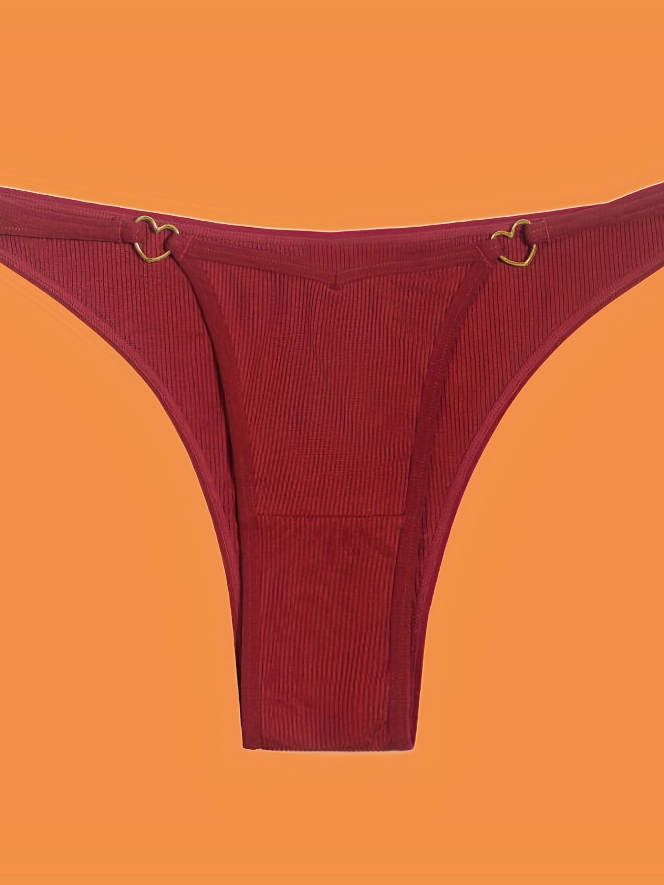 5pcs Solid Ribbed Panties, Soft & Comfy Heart Ring Linked Panties, Women&