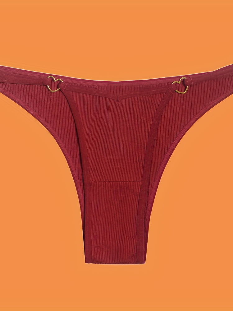 5pcs Solid Ribbed Panties, Soft & Comfy Heart Ring Linked Panties, Women&