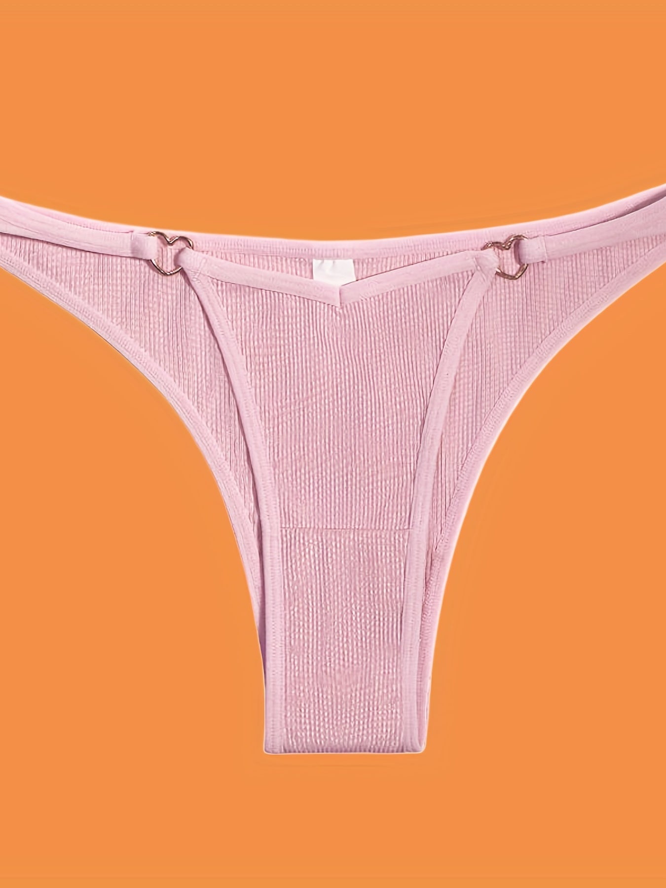 5pcs Solid Ribbed Panties, Soft & Comfy Heart Ring Linked Panties, Women&