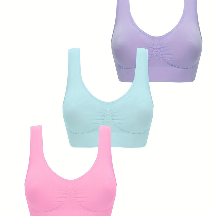 3pcs Wireless Sports Bras, Comfy & Breathable Running Workout Tank Bra, Women&