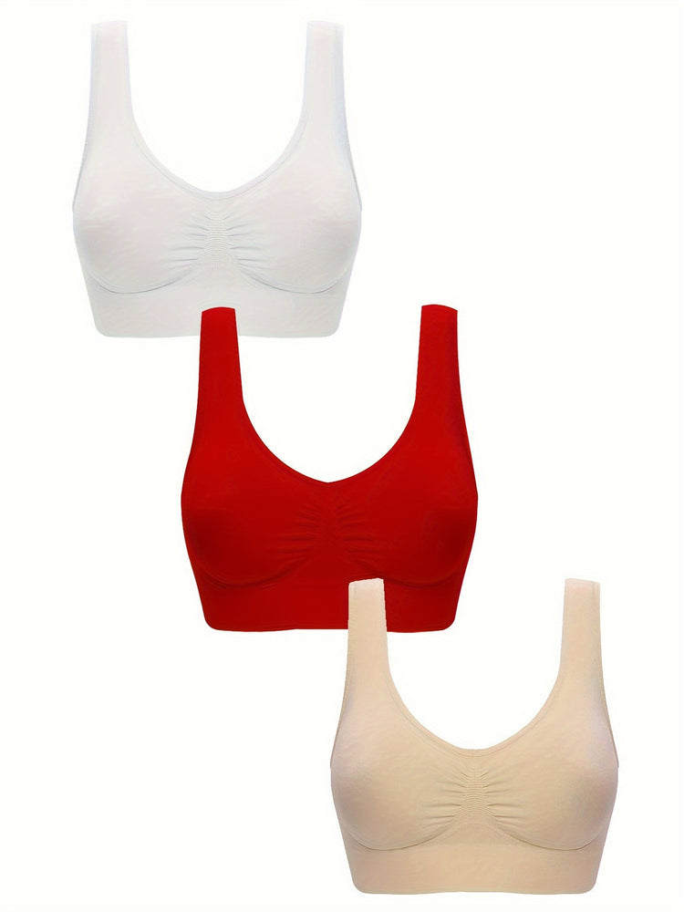 3pcs Wireless Sports Bras, Comfy & Breathable Running Workout Tank Bra, Women&