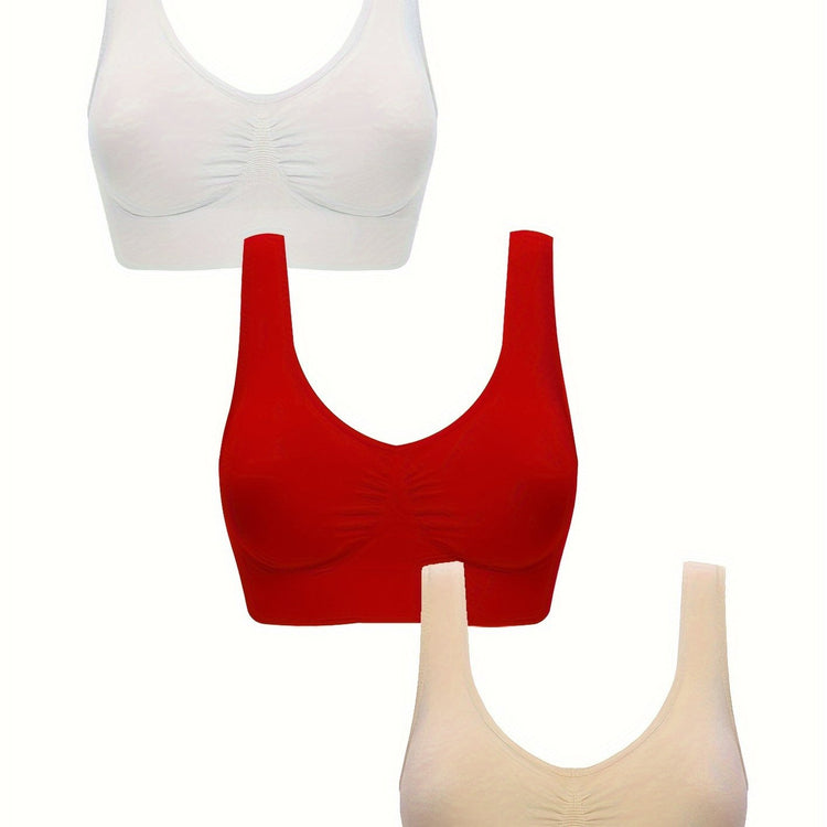 3pcs Wireless Sports Bras, Comfy & Breathable Running Workout Tank Bra, Women&