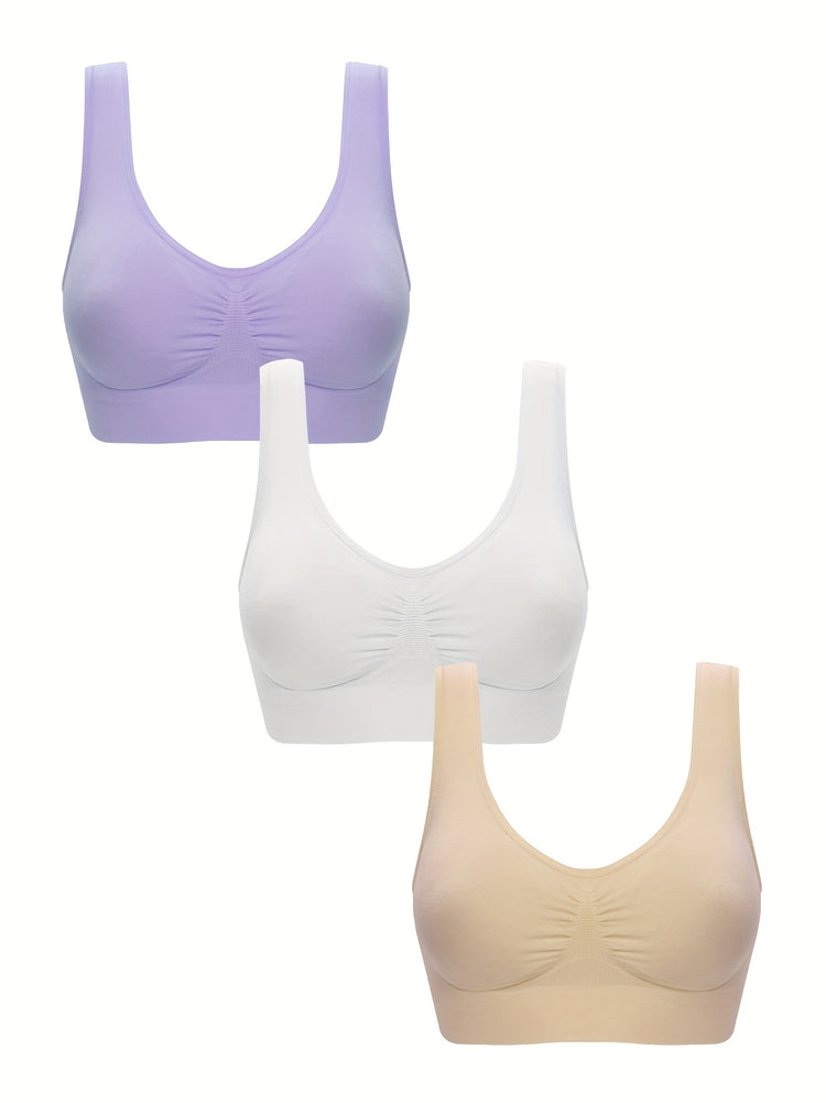 3pcs Wireless Sports Bras, Comfy & Breathable Running Workout Tank Bra, Women&