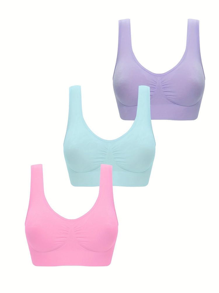 3pcs Wireless Sports Bras, Comfy & Breathable Running Workout Tank Bra, Women&