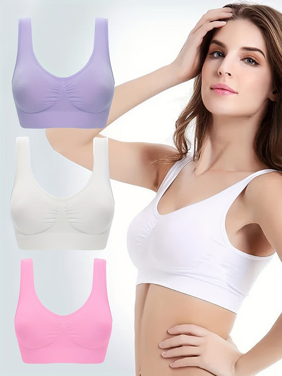 3pcs Wireless Sports Bras, Comfy & Breathable Running Workout Tank Bra, Women&
