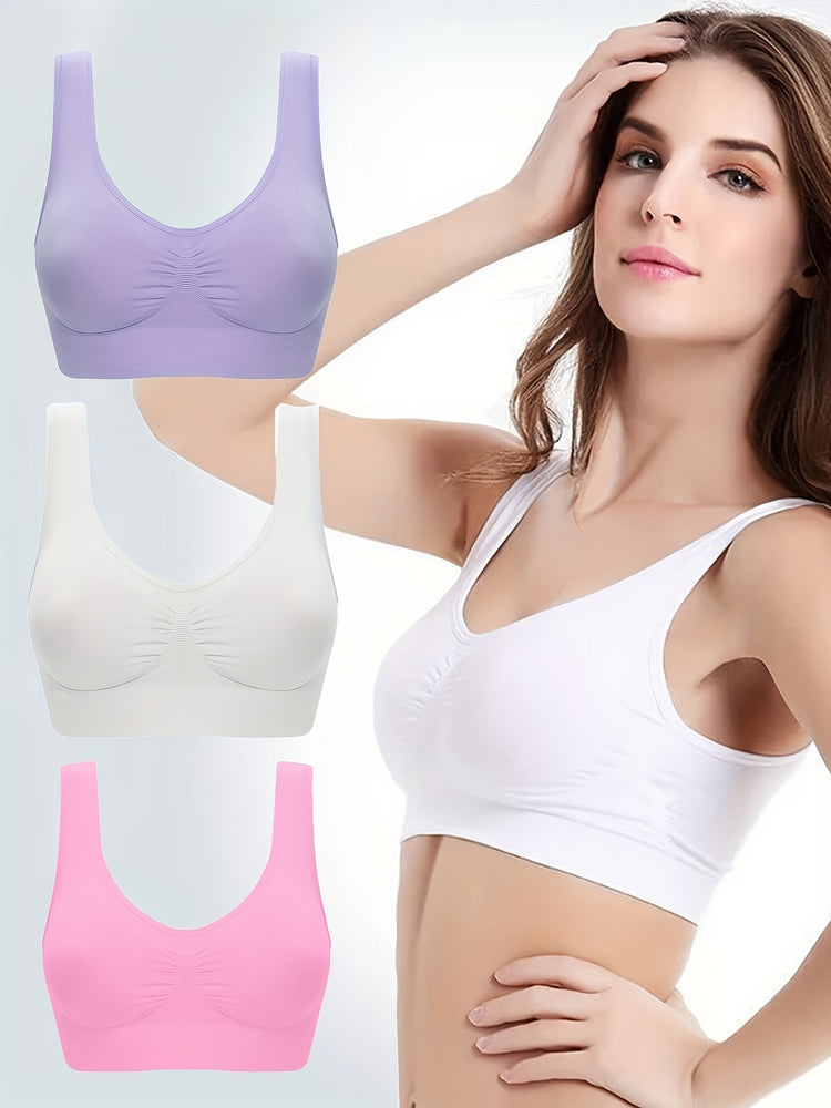 3pcs Wireless Sports Bras, Comfy & Breathable Running Workout Tank Bra, Women&