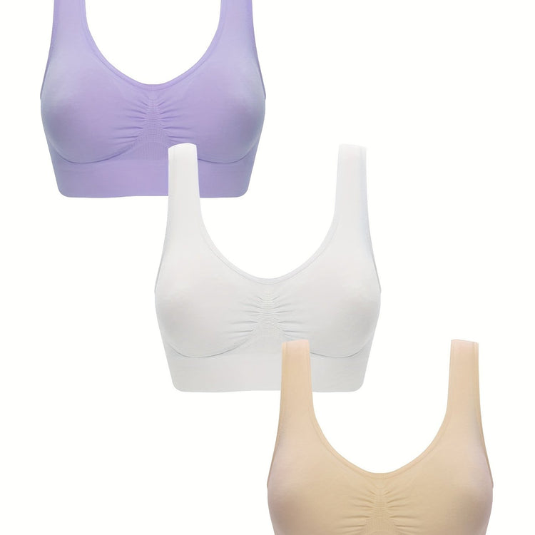 3pcs Wireless Sports Bras, Comfy & Breathable Running Workout Tank Bra, Women&