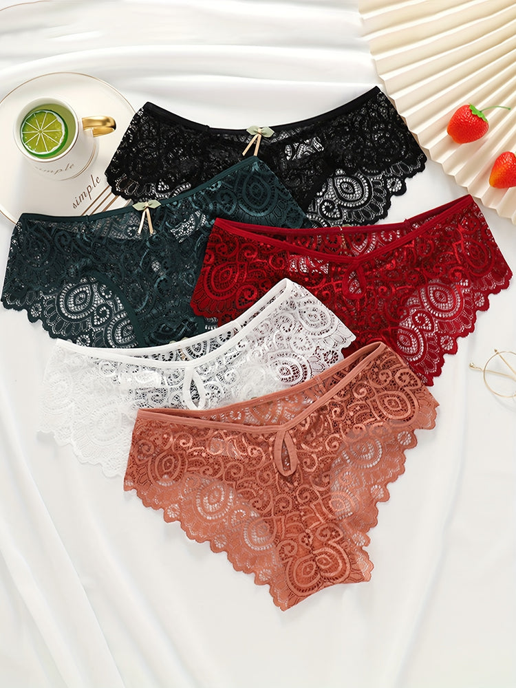 5pcs Floral Lace Bow Tie Briefs, Sexy Cut Out Scallop Trim Panties, Women&
