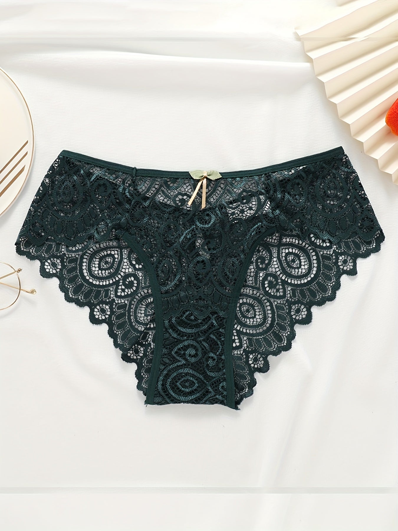 5pcs Floral Lace Bow Tie Briefs, Sexy Cut Out Scallop Trim Panties, Women&