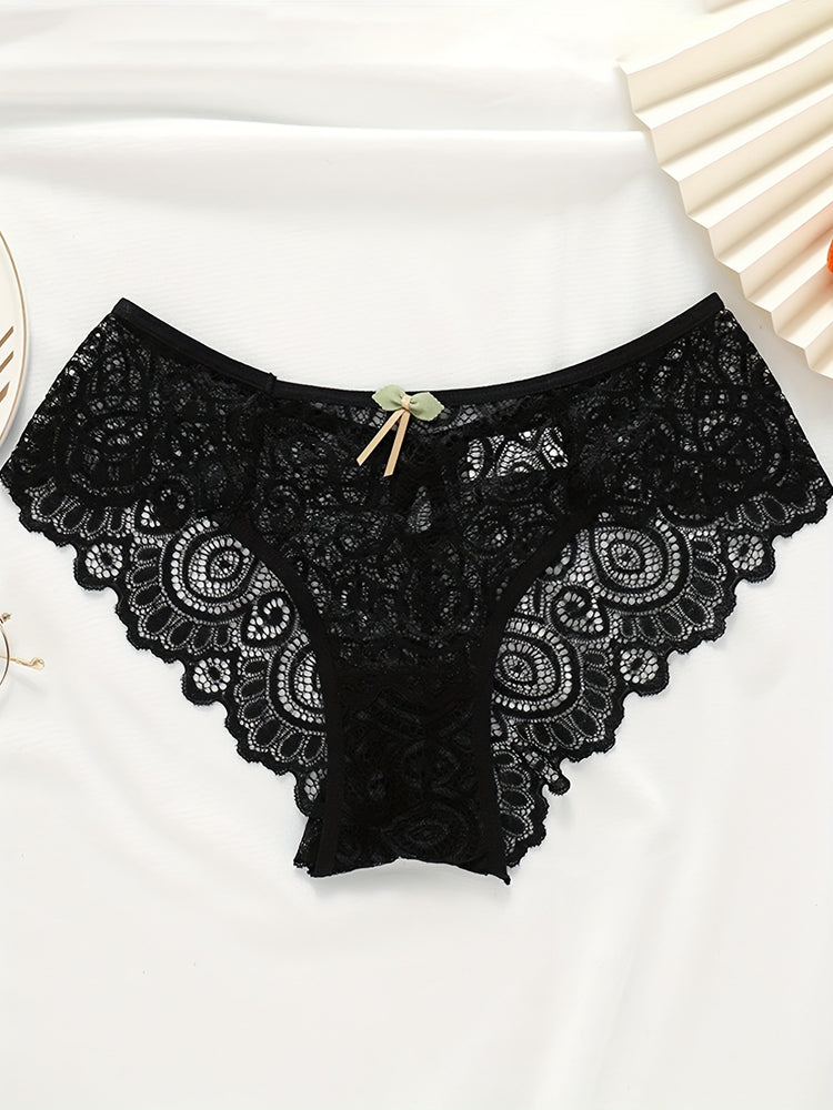 5pcs Floral Lace Bow Tie Briefs, Sexy Cut Out Scallop Trim Panties, Women&