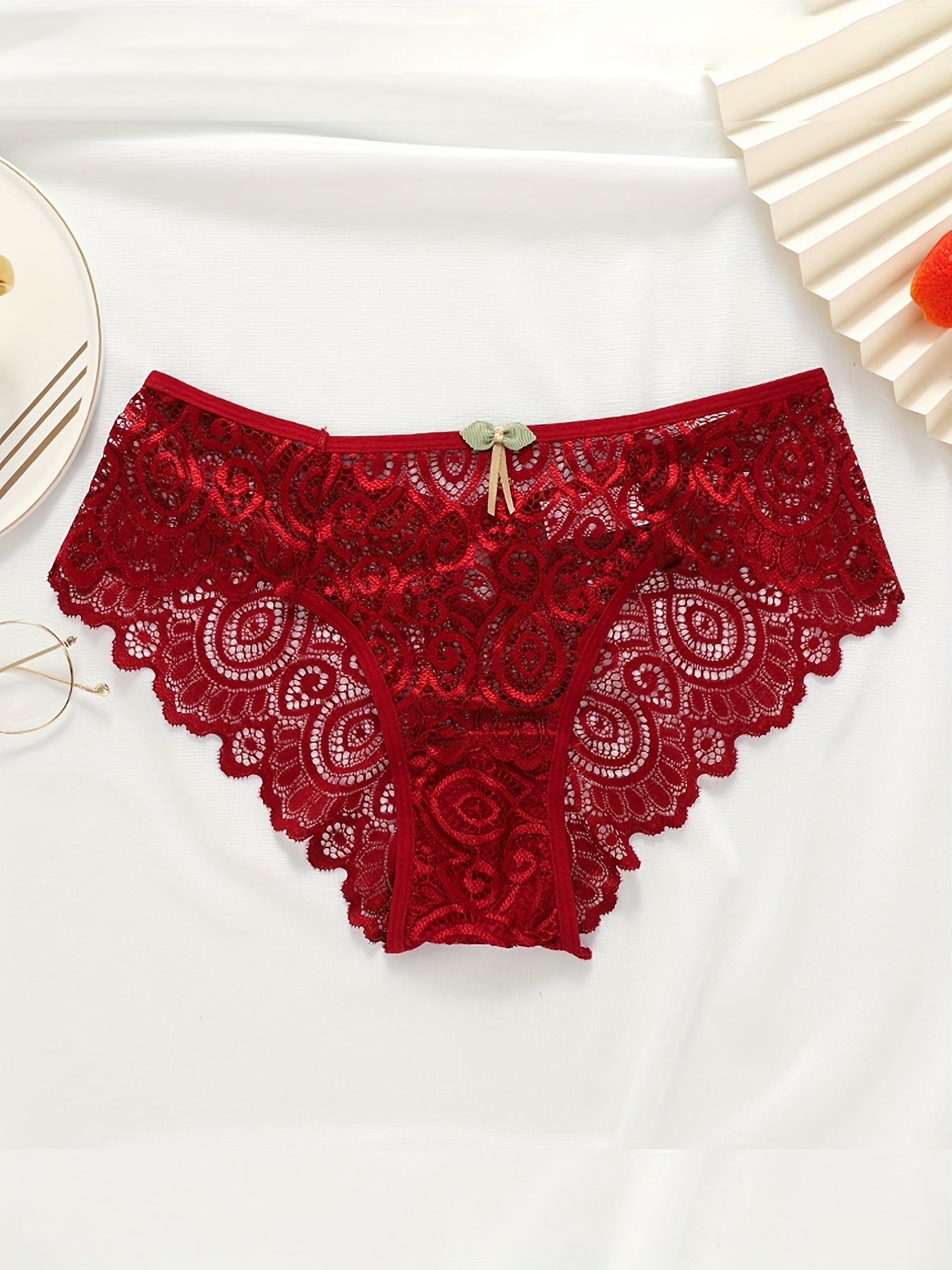 5pcs Floral Lace Bow Tie Briefs, Sexy Cut Out Scallop Trim Panties, Women&