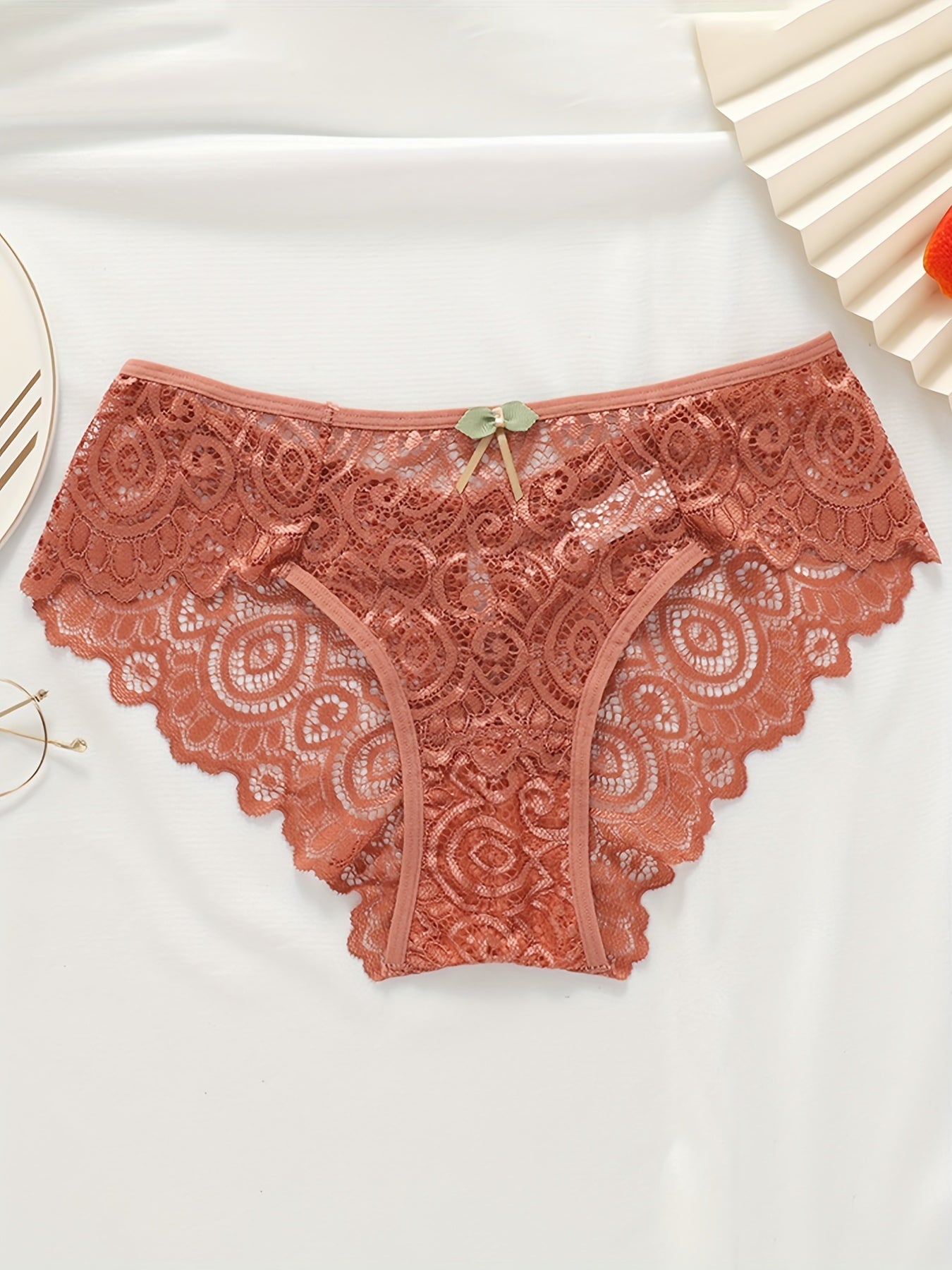 5pcs Floral Lace Bow Tie Briefs, Sexy Cut Out Scallop Trim Panties, Women&