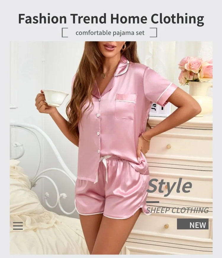 Women Silk Satin Pajamas Set Two-piece Pj Sets Sleepwear Loungewear Button-Down Pajama Women 2 Piece Pijama Homewear Shorts Set - Lena & Miles Exquisite Boutique LLC.
