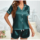 Women Silk Satin Pajamas Set Two-piece Pj Sets Sleepwear Loungewear Button-Down Pajama Women 2 Piece Pijama Homewear Shorts Set - Lena & Miles Exquisite Boutique LLC.