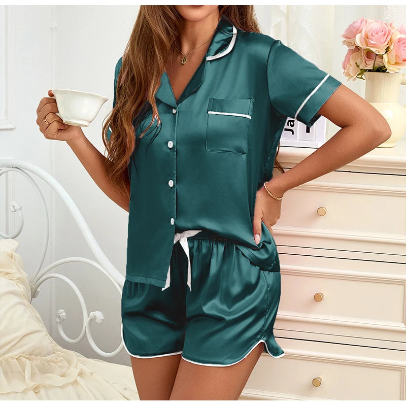 Women Silk Satin Pajamas Set Two-piece Pj Sets Sleepwear Loungewear Button-Down Pajama Women 2 Piece Pijama Homewear Shorts Set - Lena & Miles Exquisite Boutique LLC.