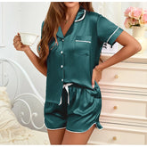 Women Silk Satin Pajamas Set Two-piece Pj Sets Sleepwear Loungewear Button-Down Pajama Women 2 Piece Pijama Homewear Shorts Set - Lena & Miles Exquisite Boutique LLC.