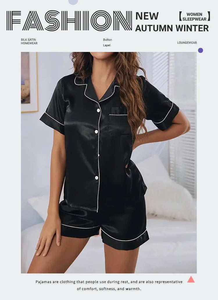 Women Silk Satin Pajamas Set Two-piece Pj Sets Sleepwear Loungewear Button-Down Pajama Women 2 Piece Pijama Homewear Shorts Set - Lena & Miles Exquisite Boutique LLC.