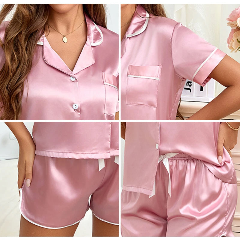 Women Silk Satin Pajamas Set Two-piece Pj Sets Sleepwear Loungewear Button-Down Pajama Women 2 Piece Pijama Homewear Shorts Set - Lena & Miles Exquisite Boutique LLC.