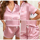 Women Silk Satin Pajamas Set Two-piece Pj Sets Sleepwear Loungewear Button-Down Pajama Women 2 Piece Pijama Homewear Shorts Set - Lena & Miles Exquisite Boutique LLC.