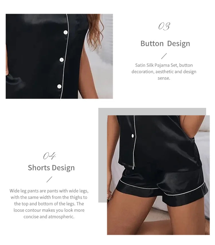 Women Silk Satin Pajamas Set Two-piece Pj Sets Sleepwear Loungewear Button-Down Pajama Women 2 Piece Pijama Homewear Shorts Set - Lena & Miles Exquisite Boutique LLC.