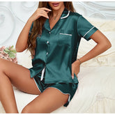 Women Silk Satin Pajamas Set Two-piece Pj Sets Sleepwear Loungewear Button-Down Pajama Women 2 Piece Pijama Homewear Shorts Set - Lena & Miles Exquisite Boutique LLC.